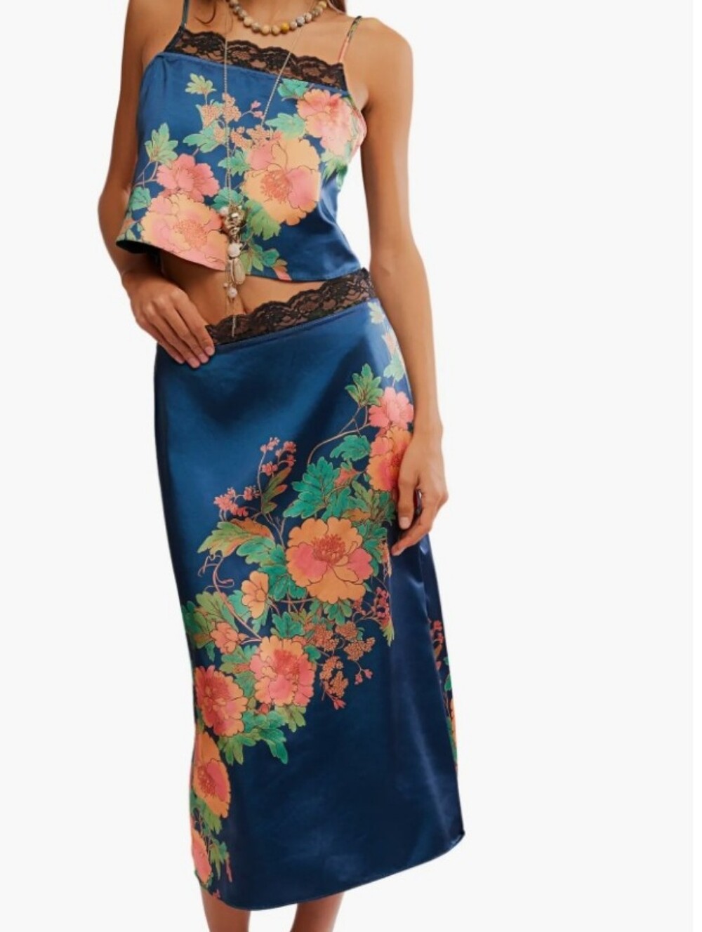 Free People Blue Floral Satin Midi Skirt Set with Black Lace Trim - Picture 1 of 8
